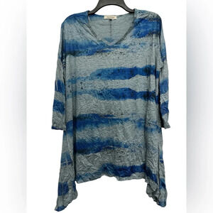 Jess & Jane Crinkle Tunic Size Medium Blue Gray Dyed Art To Wear 3/4 Sleeve